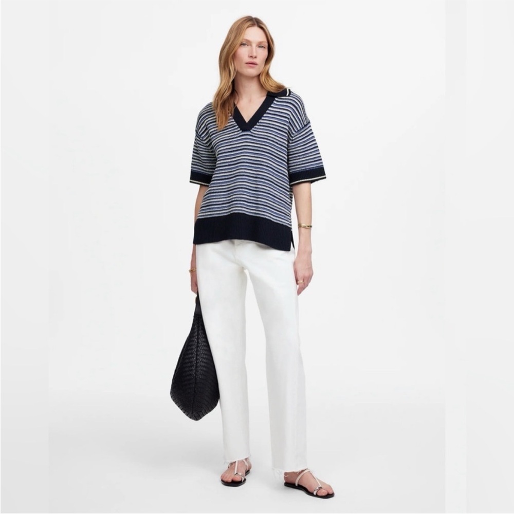 Madewell Striped Johnny-Collar Sweater Tee Womens Navy Blue and White Size XXL